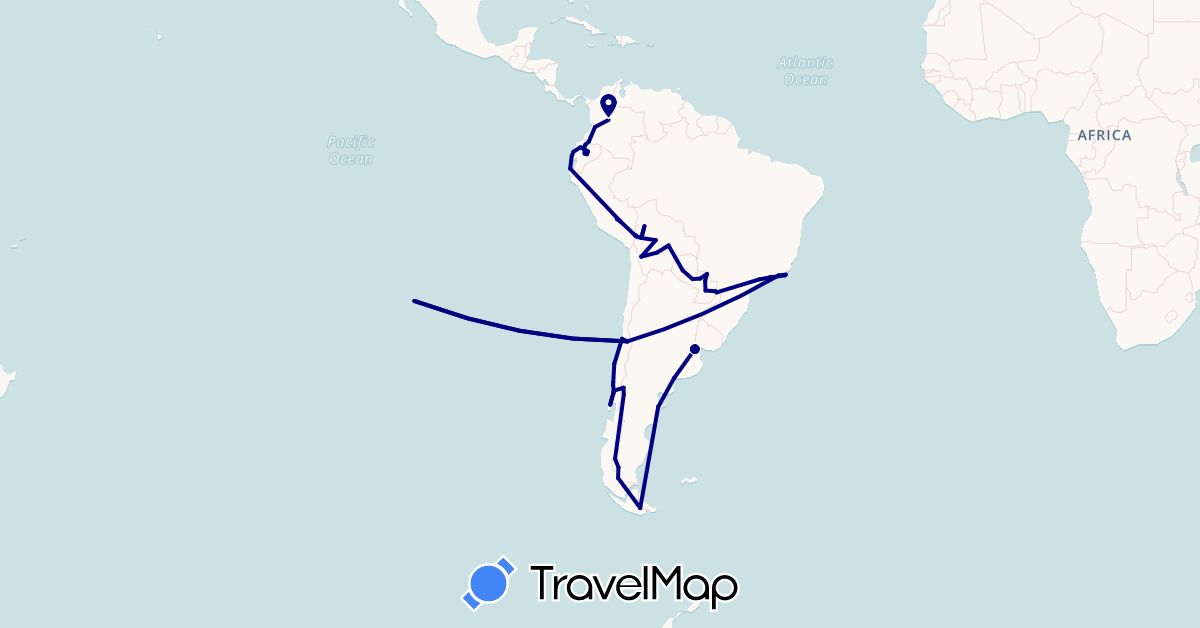 TravelMap itinerary: driving in Argentina, Bolivia, Brazil, Chile, Colombia, Ecuador, Peru, Paraguay (South America)